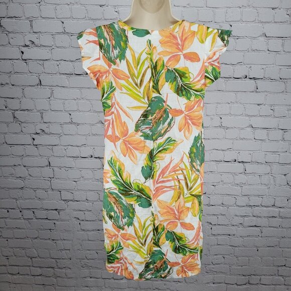 Nicole Miller Multicolor 100% Linen Leaf Print Flutter Sleeve Shift Dress XS - Picture 2 of 10